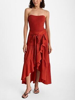 Express Women's Skirt Small Orange Maxi Ruffles Bow Tiered Wrap Shiny NWT